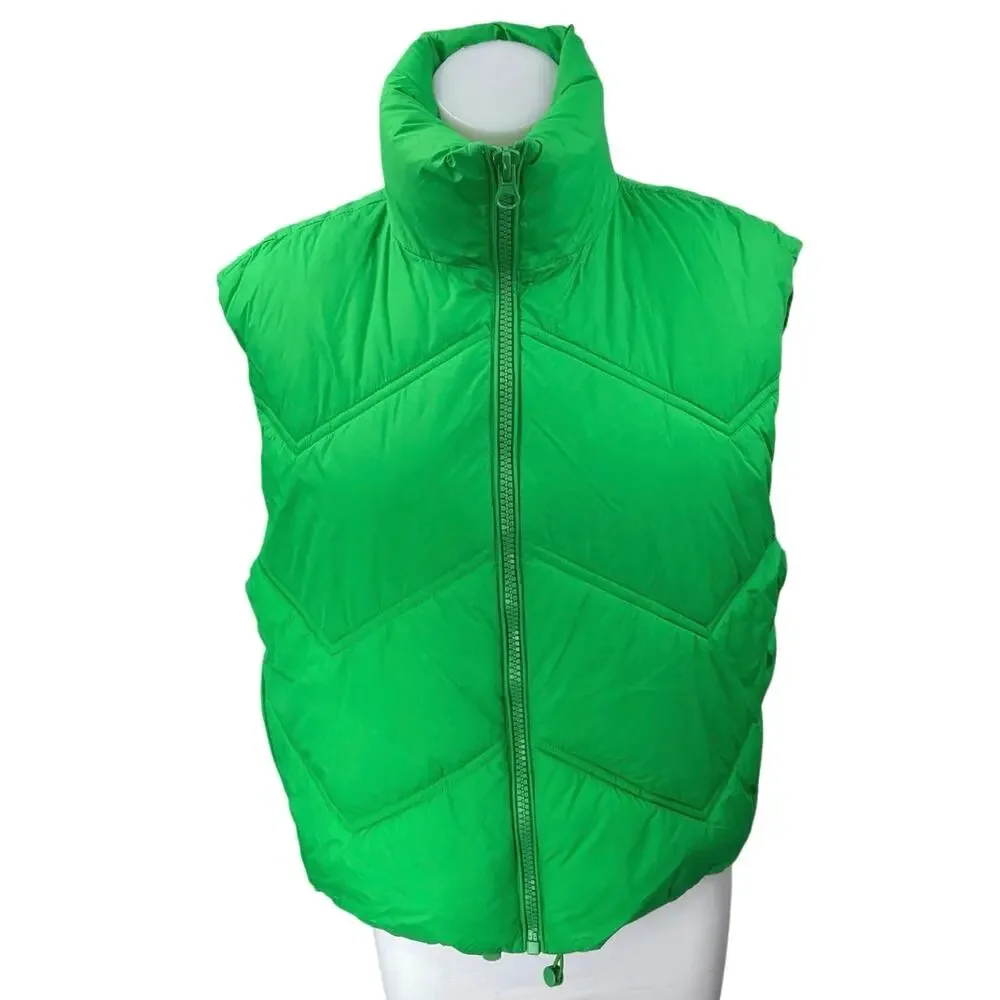 Zara Green Sleeveless Quilted Full Zip High Neck Puffer Vest Coat Jacket Size S